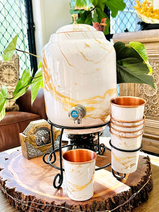 MARBLE WHITE & GOLD MEENA DESIGN DISPENSER 5L WITH LID & 2 X CUP SET - FANISHA HOME PTY LTD-cultural home decor, traditional home decor, home decor accessories, cultural vessels, traditional tea set, cultural candles, traditional coaster, cultural home accents, traditional home furnishings, cultural-inspired decor, traditional home accessories, cultural-inspired vessels, traditional tea accessories, cultural candles and holders, traditional coasters and placemats