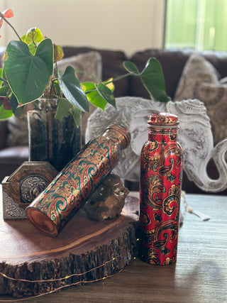 RED PRINTED COPPER WATER BOTTLE - FANISHA HOME PTY LTD-cultural home decor, traditional home decor, home decor accessories, cultural vessels, traditional tea set, cultural candles, traditional coaster, cultural home accents, traditional home furnishings, cultural-inspired decor, traditional home accessories, cultural-inspired vessels, traditional tea accessories, cultural candles and holders, traditional coasters and placemats