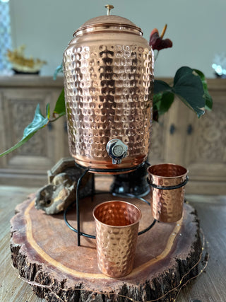 HAMMERED DISPENSER 5L WITH LID & 2 X CUP SET - FANISHA HOME PTY LTD-cultural home decor, traditional home decor, home decor accessories, cultural vessels, traditional tea set, cultural candles, traditional coaster, cultural home accents, traditional home furnishings, cultural-inspired decor, traditional home accessories, cultural-inspired vessels, traditional tea accessories, cultural candles and holders, traditional coasters and placemats