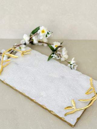 White Marble Tray with Gold Leaf Handle and Edge - FANISHA HOME PTY LTD-cultural home decor, traditional home decor, home decor accessories, cultural vessels, traditional tea set, cultural candles, traditional coaster, cultural home accents, traditional home furnishings, cultural-inspired decor, traditional home accessories, cultural-inspired vessels, traditional tea accessories, cultural candles and holders, traditional coasters and placemats