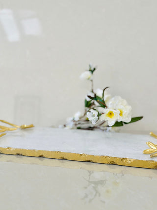 White Marble Tray with Gold Leaf Handle and Edge - FANISHA HOME PTY LTD-cultural home decor, traditional home decor, home decor accessories, cultural vessels, traditional tea set, cultural candles, traditional coaster, cultural home accents, traditional home furnishings, cultural-inspired decor, traditional home accessories, cultural-inspired vessels, traditional tea accessories, cultural candles and holders, traditional coasters and placemats