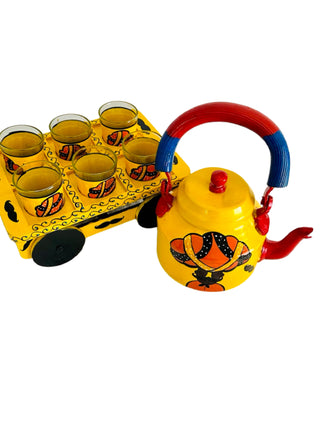 YELLOW KETTLE SET WITH GLASS AND WOODEN CART TRAY - FANISHA HOME PTY LTD-cultural home decor, traditional home decor, home decor accessories, cultural vessels, traditional tea set, cultural candles, traditional coaster, cultural home accents, traditional home furnishings, cultural-inspired decor, traditional home accessories, cultural-inspired vessels, traditional tea accessories, cultural candles and holders, traditional coasters and placemats