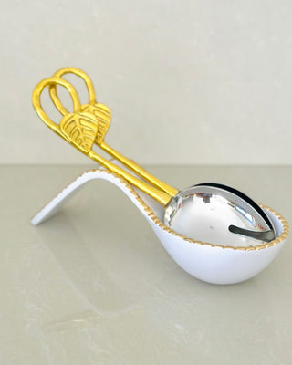 Gold Ribbed White Enamel Spoon Holder - FANISHA HOME PTY LTD-cultural home decor, traditional home decor, home decor accessories, cultural vessels, traditional tea set, cultural candles, traditional coaster, cultural home accents, traditional home furnishings, cultural-inspired decor, traditional home accessories, cultural-inspired vessels, traditional tea accessories, cultural candles and holders, traditional coasters and placemats