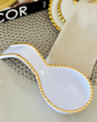 Gold Ribbed White Enamel Spoon Holder - FANISHA HOME PTY LTD-cultural home decor, traditional home decor, home decor accessories, cultural vessels, traditional tea set, cultural candles, traditional coaster, cultural home accents, traditional home furnishings, cultural-inspired decor, traditional home accessories, cultural-inspired vessels, traditional tea accessories, cultural candles and holders, traditional coasters and placemats